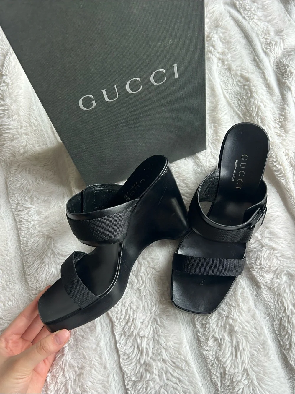 Gucci Black Leather Wedge Mules